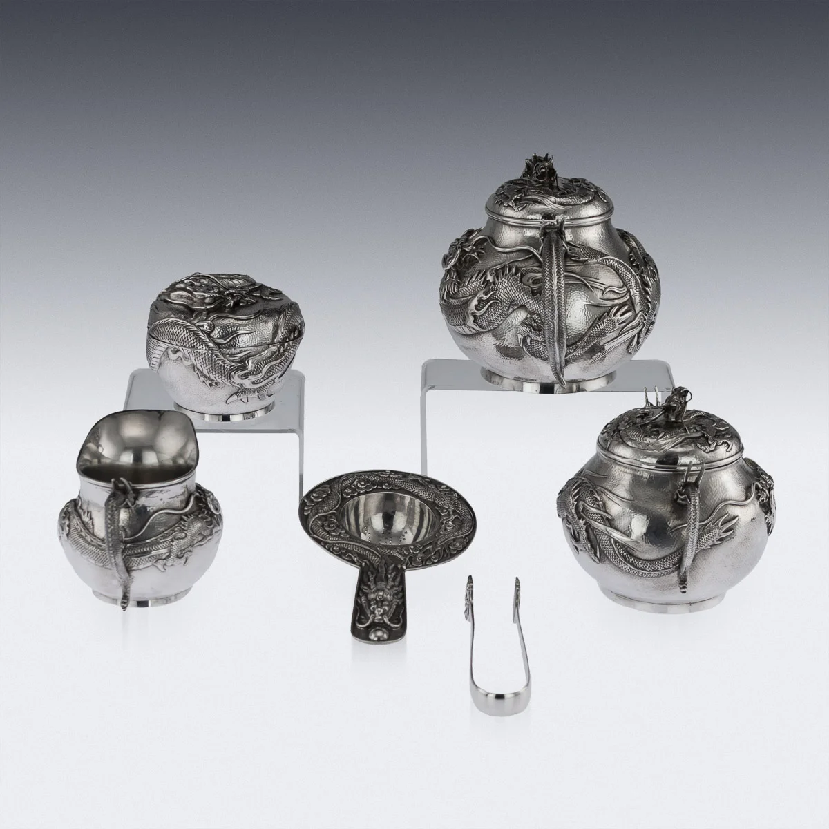 ANTIQUE 20thC JAPANESE SOLID SILVER DRAGON TEA SERVICE ON TRAY